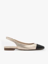 Platynowe baleriny typu slingback z czarnym noskiem. Szare baleriny Brawo sp. z o.o., bez wzorów, z gumy, z okrągłym noskiem, bez obcasa, na płaskiej podeszwie. Za 299.99 zł.