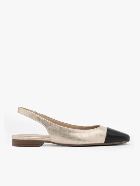 Platynowe baleriny typu slingback z czarnym noskiem. Szare baleriny Brawo sp. z o.o., bez wzorów, z gumy, z okrągłym noskiem, bez obcasa, na płaskiej podeszwie. Za 299.99 zł.