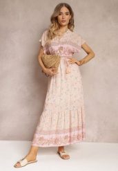 Jasnoróżowa Rozkloszowana Sukienka Maxi z Gumkami w Pasie z Bawełny Besie. Czerwone sukienki Renee, na co dzień, l, bez wzorów, z bawełny, bez kołnierzyka, bez ramiączek, maxi, rozkloszowane. Za 64.99 zł.