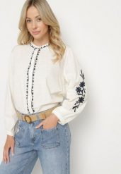 Beżowa Bawełniana Koszula Bez Kołnierzyka Zdobiona Haftem Gonavia. Brązowe koszule Born2be, l, z aplikacjami, z bawełny, eleganckie, bez kołnierzyka, bez ramiączek. Za 99.99 zł.