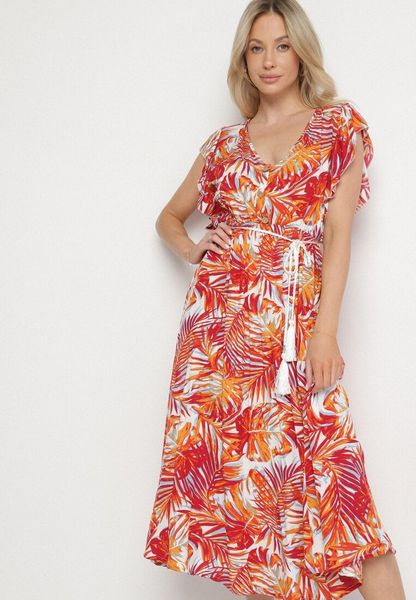 Pomarańczowa Rozkloszowana Sukienka we Florystyczny Print z Bawełny Lanioreta. Brązowe sukienki Born2be, l, bez wzorów, z bawełny, bez kołnierzyka, bez ramiączek, midi, rozkloszowane. Za 49.99 zł.