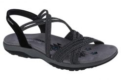 Sandały damskie, Reggae Slim - Turn It Up. Czarne sandały Skechers, bez wzorów, z materiału, sportowe, bez obcasa, bez zapięcia. Za 249.99 zł.