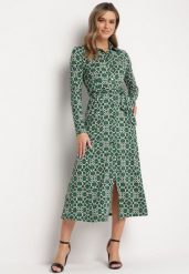 Zielona Taliowana Sukienka Maxi z Materiałowym Paskiem w Geometryczny Print Filint. Zielone sukienki Born2be, m, bez wzorów, z materiału, bez kołnierzyka, bez ramiączek, maxi. Za 179.99 zł.