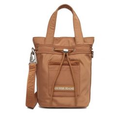 Torebka Guess Jeans. Brązowe torebki klasyczne Guess Jeans, z aplikacjami, z jeansu, bez dodatków. Za 199.99 zł.