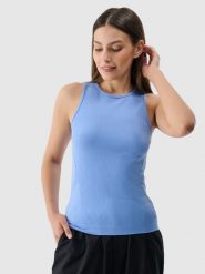 4F Top slim bezszwowy damski - niebieski XS/S. Niebieskie topy 4f, s, bez wzorów, z dzianiny, bez kołnierzyka, bez ramiączek. W wyprzedaży za 29.99 zł.
