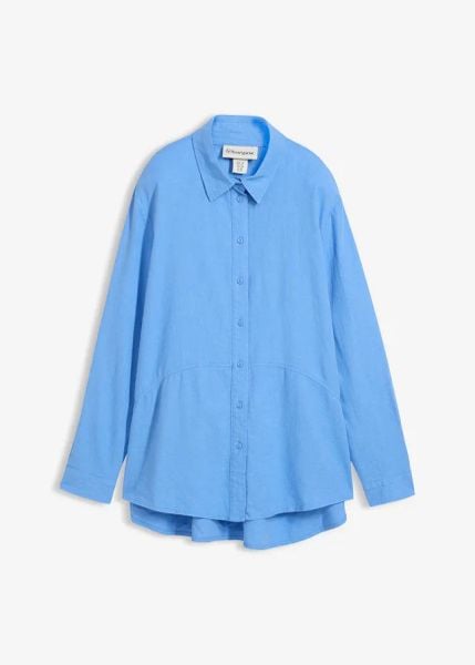Bluzka oversize z mieszanki lnu. Niebieskie bluzki bonprix, bez wzorów, bez kołnierzyka, bez ramiączek. Za 144.99 zł.