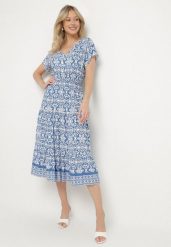 Niebieska Bawełniana Sukienka Rozkloszowana we Wzór Paisley Lanadira. Niebieskie sukienki Born2be, l, bez wzorów, z bawełny, boho, bez kołnierzyka, bez ramiączek, midi, rozkloszowane. Za 39.99 zł.