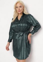 Zielona Koszulowa Satynowa Sukienka Mini w Paski Wiązana w Talii Vivanta. Zielone sukienki Born2be, xl, bez wzorów, z satyny, bez kołnierzyka, bez ramiączek, mini, koszulowe. Za 34.99 zł.