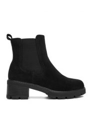 DeeZee Botki V2222-1 Czarny. Czarne botki DeeZee, bez wzorów, z materiału, bez obcasa, na słupku, bez zapięcia. Za 189.99 zł.