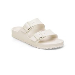 Klapki damskie Birkenstock Arizona Eva. Białe klapki Birkenstock, bez wzorów, z materiału, bez obcasa. Za 349.00 zł.