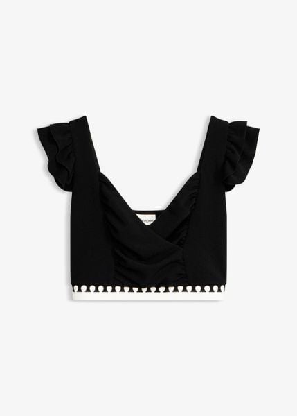 Krótki top. Czarne topy bonprix, bez wzorów, bez kołnierzyka, bez ramiączek. Za 44.99 zł.