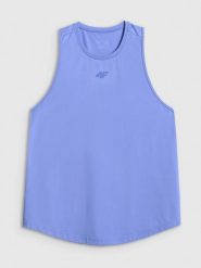 4F Top treningowy szybkoschnący damski - niebieski XS. Niebieskie topy 4f, xs, bez wzorów, z materiału, bez kołnierzyka, bez ramiączek. Za 79.99 zł.