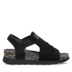 Sandały Rieker. Czarne sandały Rieker, bez wzorów, bez obcasa, na koturnie, bez zapięcia. Za 259.99 zł.