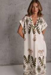 Zielona Sukienka z Wiskozy Oversize z Geometrycznym Printem Caliara. Zielone sukienki Renee, na co dzień, l, bez wzorów, z wiskozy, casualowe, bez kołnierzyka, bez ramiączek, maxi, oversize. Za 89.99 zł.