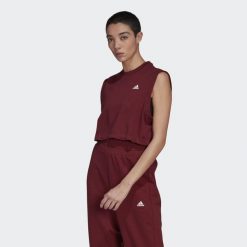 Koszulka damska Adidas Move Studio krótka top bordowa. Czerwone topy Adidas, xs, bez wzorów, z bawełny, bez kołnierzyka, bez ramiączek. Za 92.00 zł.