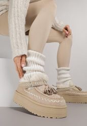 Beżowe Śniegowce na Platformie Ozdobione Haftem i Frędzlami Linomis. Brązowe trapery i śniegowce Renee, z jeansu. Za 119.99 zł.