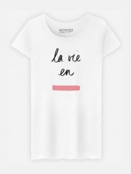 WOOOP Koszulka "La Vie en Rose" w kolorze białym rozmiar: XL. Białe bluzki Wooop, xl, bez wzorów, z bawełny, bez kołnierzyka, bez ramiączek. Za 37.45 zł.