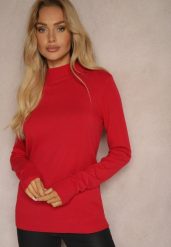 Czerwony Półgolf o Klasycznym Fasonie z Kaszmirem i Wiskozą Zailana. Czerwone swetry Renee, z aplikacjami, z kaszmiru, bez ramiączek. Za 59.99 zł.