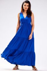 Letnia Wiskozowa Sukienka Maxi z Falbankami - Niebieska. Niebieskie sukienki Awama, na lato, l, bez wzorów, z elastanu, wizytowe, bez kołnierzyka, bez ramiączek, maxi. Za 309.90 zł.