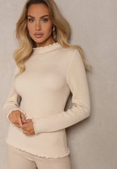 Beżowy Sweter z Wełną przy Dekolcie Ozdobiony Falbanką Seatoria. Brązowe swetry Renee, z aplikacjami, z jeansu, bez ramiączek. Za 79.99 zł.