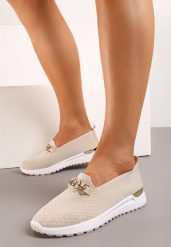 Beżowe Półbuty Tenisówki z Elastyczną Cholewką i Klamrą Vaiara. Brązowe trampki Born2be, bez wzorów, z jeansu, bez zapięcia. Za 69.99 zł.