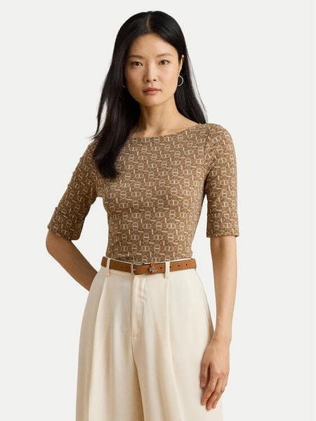 LAUREN RALPH LAUREN Bluzka 200980042001 Beżowy Slim Fit. Brązowe bluzki Lauren Ralph Lauren, m, bez wzorów, z bawełny, bez kołnierzyka, bez ramiączek. Za 229.99 zł.