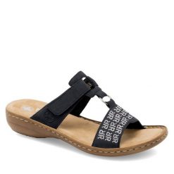 Klapki Rieker. Niebieskie klapki Rieker, bez wzorów, bez obcasa. Za 289.99 zł.