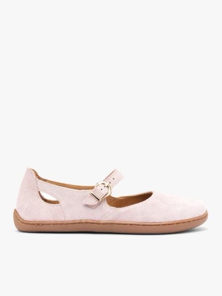 Różowe baleriny barefoot ze skóry welurowej. Czerwone baleriny Ryłko, bez wzorów, ze skóry, z okrągłym noskiem, bez obcasa, na płaskiej podeszwie. Za 399.99 zł.