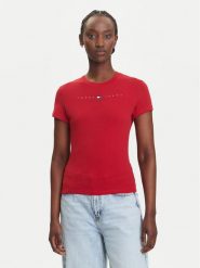 Tommy Jeans T-Shirt Linear DW0DW21422 Czerwony Slim Fit. Czerwone t-shirty Tommy Jeans, xxs, bez wzorów, z bawełny, bez kołnierzyka, bez ramiączek. Za 129.99 zł.