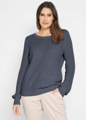 Sweter w strukturalny wzór. Niebieskie swetry bonprix, bez wzorów, bez ramiączek. Za 109.99 zł.