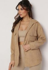 Beżowa Koszula Sztruksowa z Kieszeniami Gwenera. Brązowe koszule Born2be, l, bez wzorów, ze sztruksu, eleganckie, bez kołnierzyka, bez ramiączek. Za 59.99 zł.