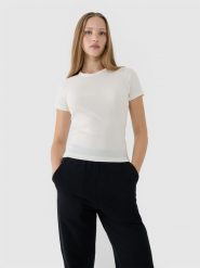 4F T-shirt slim z prążkowanej dzianiny damski - biały L. Białe t-shirty 4f, l, bez wzorów, z bawełny, bez kołnierzyka, bez ramiączek. W wyprzedaży za 39.99 zł.