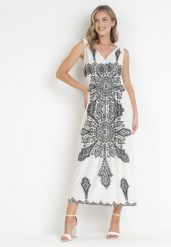 Biała Sukienka w Stylu Boho z Gumką w Talii i Sznurkami przy Ramionach Niree. Białe sukienki Born2be, na imprezę, l, bez wzorów, boho, bez kołnierzyka, bez ramiączek, maxi. Za 64.99 zł.