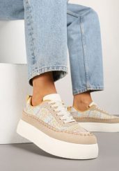 Ciemnobeżowe Sneakersy na Platformie Ozdobione Plecionką Nilaraviela. Brązowe czapki Renee, z aplikacjami, z jeansu. Za 99.99 zł.