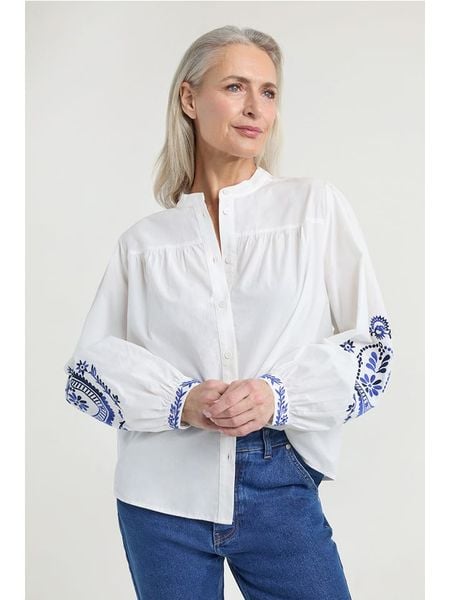 Josephine & Co Bluzka "Joris" w kolorze biało-niebieskim rozmiar: 42. Białe bluzki Josephine & Co, bez wzorów, z bawełny, bez kołnierzyka, bez ramiączek. Za 209.95 zł.