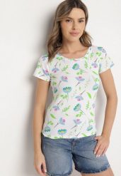 Biało-Zielony Bawełniany T-shirt Ozdobiony Nadrukiem Zarice. Białe t-shirty Born2be, l, bez wzorów, z bawełny, bez kołnierzyka, bez ramiączek. Za 29.99 zł.