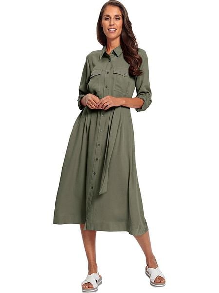 Heine Sukienka w kolorze khaki rozmiar: 36. Brązowe sukienki Heine, bez wzorów, z lyocellu, bez kołnierzyka, bez ramiączek, midi. Za 122.38 zł.