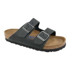 Damskie Skórzane Klapki Arizona. Czarne klapki Birkenstock, bez wzorów, z gumy, z otwartym noskiem, bez obcasa. Za 696.99 zł.
