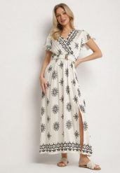 Jasnobeżowa Sukienka w Ornamentalny Wzór z Elastycznym Paskiem Tosvanna. Brązowe sukienki Born2be, na co dzień, l, z aplikacjami, eleganckie, bez kołnierzyka, bez ramiączek, maxi, kopertowe. Za 79.99 zł.
