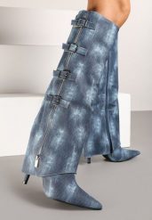Niebieskie Kozaki Jeansowe na Szpilce z Klamrami na Wywiniętej Cholewce Riaviraen. Niebieskie kozaki Renee, na jesień, z jeansu, bez obcasa, na obcasie, bez zapięcia. Za 179.99 zł.