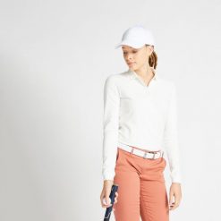 Koszulka do golfa polo z długim rękawem damska MW500. Białe bluzki INESIS, m, bez wzorów, z bawełny, sportowe, bez kołnierzyka, bez ramiączek. Za 69.99 zł.