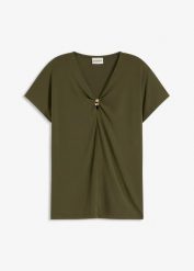 T-shirt z ozdobnym kółeczkiem. Zielone t-shirty bonprix, bez wzorów, bez kołnierzyka, bez ramiączek. Za 37.99 zł.