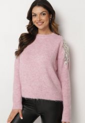 Różowy Sweter Ozdobiony Cekinami Cyrkoniami i Perełkami z Wełną Tiavella. Czerwone swetry Born2be, na zimę, l, z aplikacjami, z jeansu, bez ramiączek. Za 169.99 zł.