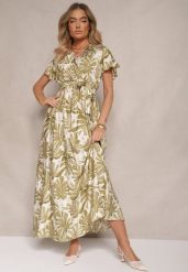 Zielona Sukienka w Listki z Elastyczną Gumką w Talii i Wiązanym Paskiem Jaliren. Zielone sukienki Renee, na co dzień, l, bez wzorów, eleganckie, bez kołnierzyka, bez ramiączek, maxi, kopertowe. Za 64.99 zł.