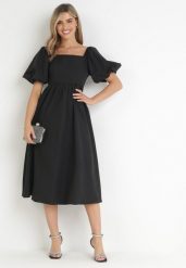 Czarna Rozkloszowana Sukienka Midi z Bufiastymi Rękawami i Kwadratowym Dekoltem Ceania. Czarne sukienki Born2be, na spotkanie biznesowe, na wiosnę, l, bez wzorów, eleganckie, bez kołnierzyka, bez ramiączek, midi, rozkloszowane. Za 139.99 zł.