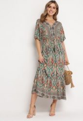 Zielono-Brązowa Sukienka Maxi z Wiskozy w Stylu Boho z Wzorem Paisley i Gumką w Pasie Naroli. Zielone sukienki Born2be, na spacer, na lato, l, bez wzorów, z wiskozy, boho, bez kołnierzyka, bez ramiączek, maxi. Za 79.99 zł.