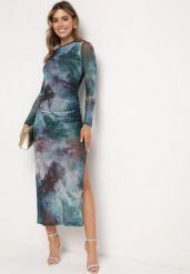 Zielona Sukienka o Dopasowanym Fasonie Bodycon z Rozcięciem i Marmurkowym Wzorem Urientia. Zielone sukienki Born2be, na spotkanie biznesowe, l, bez wzorów, eleganckie, bez kołnierzyka, bez ramiączek, maxi, bodycon. Za 129.99 zł.