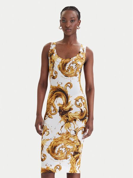 Versace Jeans Couture Sukienka codzienna 80HAO946 JS533 Biały Slim Fit. Białe sukienki Versace Jeans Couture, na co dzień, bez wzorów, z jeansu, bez kołnierzyka, bez ramiączek, proste. Za 628.99 zł.