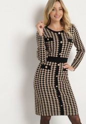 Czarno-Beżowa Elegancka Sukienka z Dzianiny z Wiskozą we Wzór w Pipetkę Delciel. Czarne sukienki Born2be, s, z aplikacjami, z dzianiny, eleganckie, bez kołnierzyka, bez ramiączek. Za 109.99 zł.