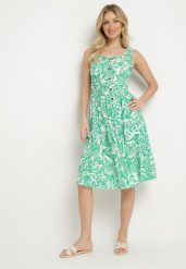 Zielona Bawełniana Sukienka Rozkloszowana Ozdobiona Guzikami Lisavena. Zielone sukienki Born2be, na co dzień, l, bez wzorów, z bawełny, eleganckie, bez kołnierzyka, bez ramiączek, midi, rozkloszowane. Za 39.99 zł.